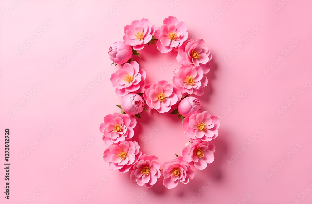 Fototapeta premium Number 8 is made of spring flowers on a pink background. Minimalistic concept of women's day, March 8th or birthday. Flat layout, top view.