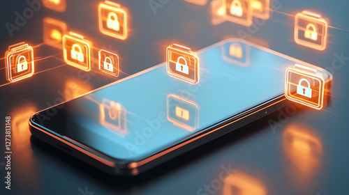 Encrypted chat bubbles with glowing padlocks floating over a smartphone representing mobile data protection cybersecurity digital privacy and secure communication in a modern technology environment