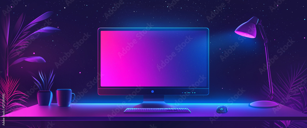 Obraz premium Neon Glow Computer Desk With Futuristic Setup