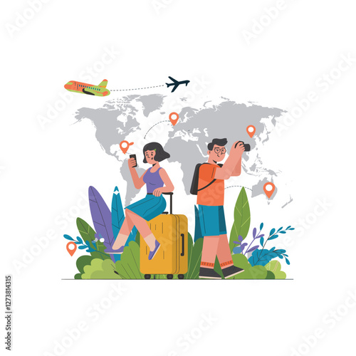 Travel And Tourism Vector Design. The Couple Is Traveling.