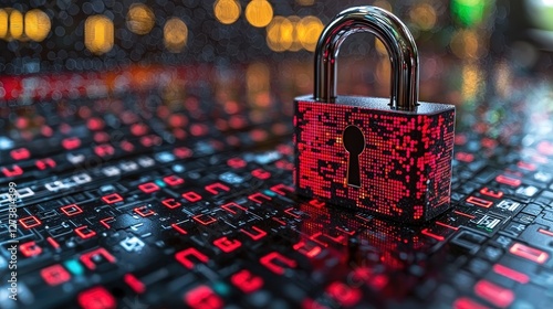 A single padlock resting on a computer keyboard representing digital security and protection