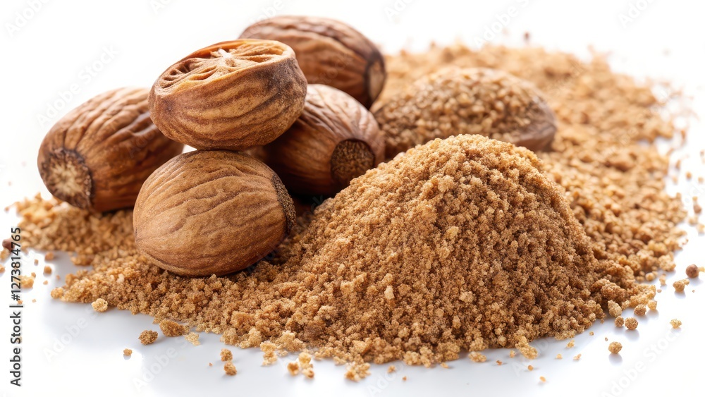 Nutmeg Whole and Ground Spice on White Background Nutmeg Whole and Ground Spice on White Background