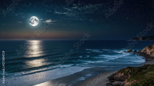 A mesmerizing night ocean scene under a glowing full moon and a sky filled with sparkling stars. Gentle waves reflect the moonlight, creating a peaceful and dreamy atmosphere.

