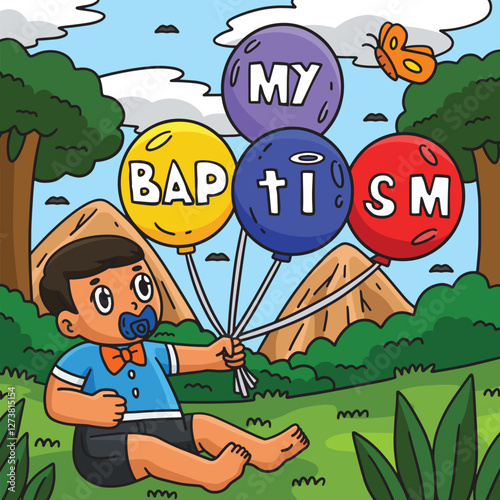 Baptism Baby Holding a Balloon Colored Cartoon 