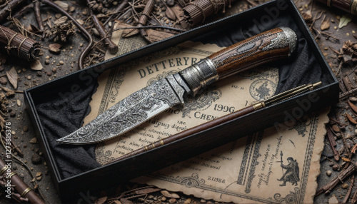 An intricately designed antique knife with ornate engravings on the blade and a polished wooden handle. The knife is displayed in an elegant black box along with an exquisitely crafted wooden pen. A v
