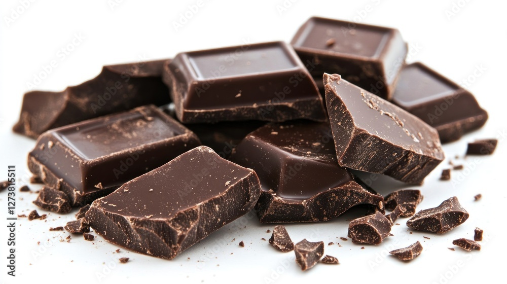 Dark chocolate pieces on white background. Food photography for recipe or advertisement Dark chocolate pieces on white background. Food photography for recipe or advertisement