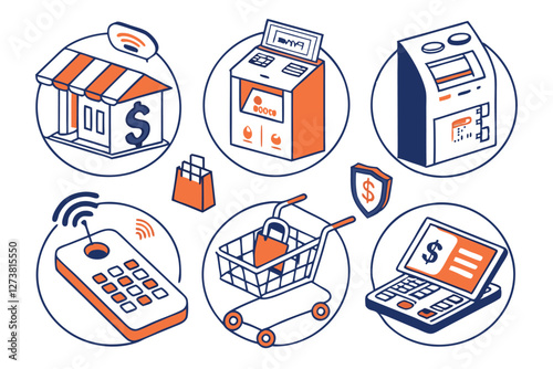  Financial icons, payment methods, e-commerce symbols, blue and orange color scheme, minimalist design, banking pictograms, digital transactions, mobile payments, credit cards, ATM, online shopping,