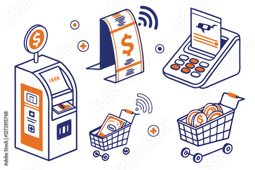  Financial icons, payment methods, e-commerce symbols, blue and orange color scheme, minimalist design, banking pictograms, digital transactions, mobile payments, credit cards, ATM, online shopping,