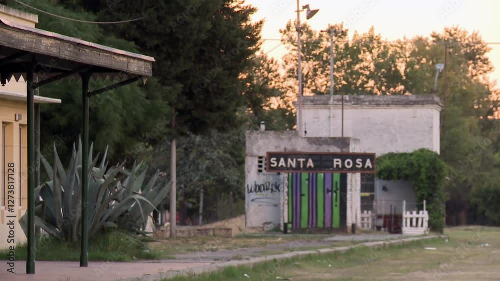 Weathered Railway Station Sign in Santa Rosa, La Pampa, Argentina, at Dusk Weathered Railway Station Sign in Santa Rosa, La Pampa, Argentina, at Dusk