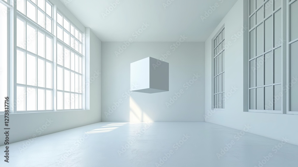 A vast, white room with a single floating cube in the center A vast, white room with a single floating cube in the center
