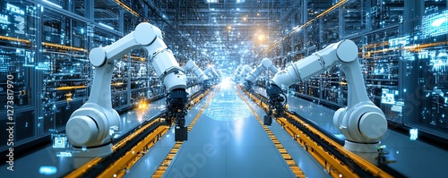 Industry 0 futuristic factory powered by AI robots, automated machinery, data streams from the cloud, advanced cloud computing infrastructure