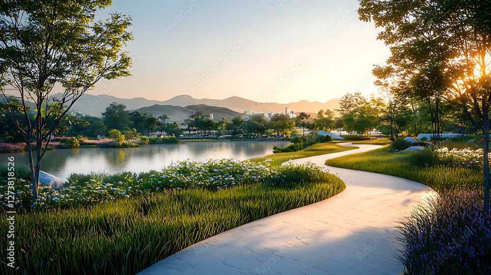 Obraz premium serene artificial reservoir surrounded by manicured gardens and mountains, with winding path leading through lush greenery