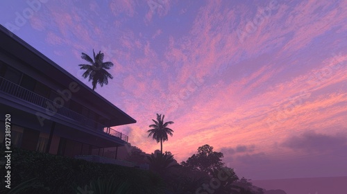 A modern house villa complete with a swimming pool, a luxury beachside villa, and a tropical ocean villa all set against the stunning backdrop of a golden sunset hour