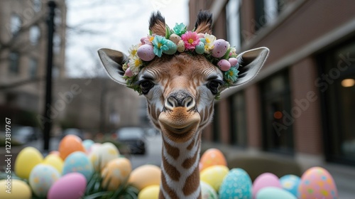 Adorable giraffe calf wearing colorful easter egg crown in urban setting. Easter, Pascha, Paskha, Ostern, Pascua, Paques - Orthodox and Catholic Holiday celebration
