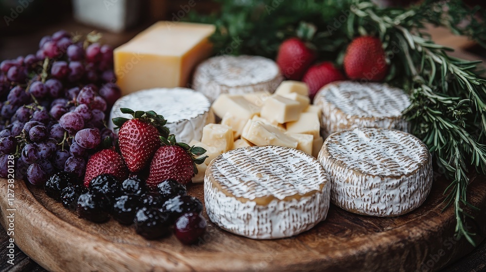 Wooden plate featuring a delicious arrangement of cheese and juicy grapes for dining delight Wooden plate featuring a delicious arrangement of cheese and juicy grapes for dining delight