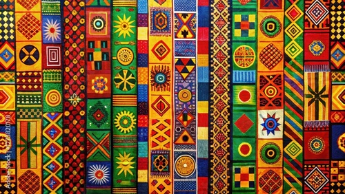 African Adinkra symbols on a brightly colored background with bold lines and vibrant hues, showcasing traditional Ghanaian patterns and motifs , Art, Design