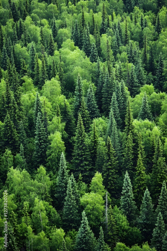 Obraz premium Lush Green Forest Canopy View Showcasing Diverse Tree Species in a Dense Woodland Setting