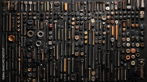 A meticulously arranged collection of various bolts, nuts, screws and other industrial hardware components, displayed against a dark background, creating an artistic, geometric pattern.