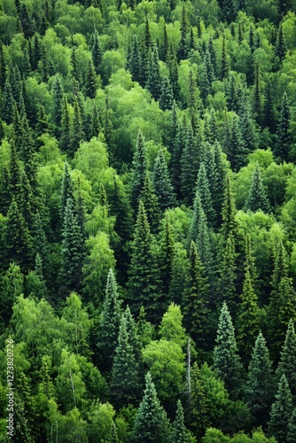 Lush Green Forest Canopy View Showcasing Diverse Tree Species in a Dense Woodland Setting