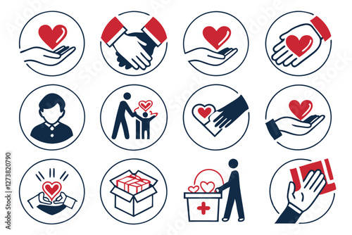  Charity icons, nonprofit symbols, philanthropy pictograms, red and navy blue color scheme, minimalist design, flat vector graphics, hands holding hearts, handshake icons, caring gestures, community