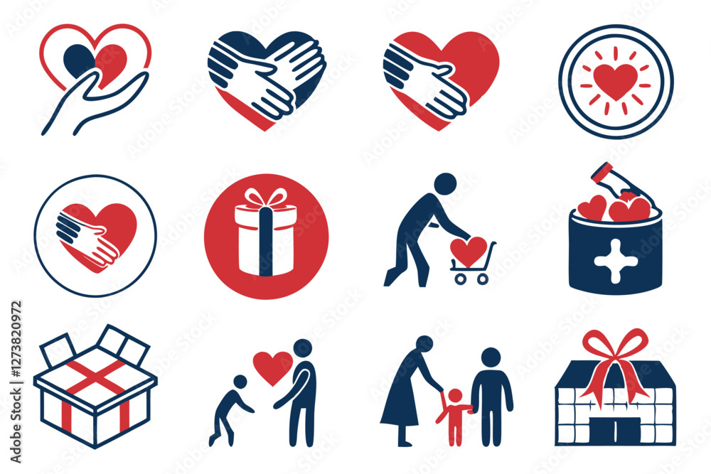 Fototapeta premium Charity icons, nonprofit symbols, philanthropy pictograms, red and navy blue color scheme, minimalist design, flat vector graphics, hands holding hearts, handshake icons, caring gestures, community