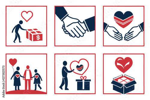  Charity icons, nonprofit symbols, philanthropy pictograms, red and navy blue color scheme, minimalist design, flat vector graphics, hands holding hearts, handshake icons, caring gestures, community