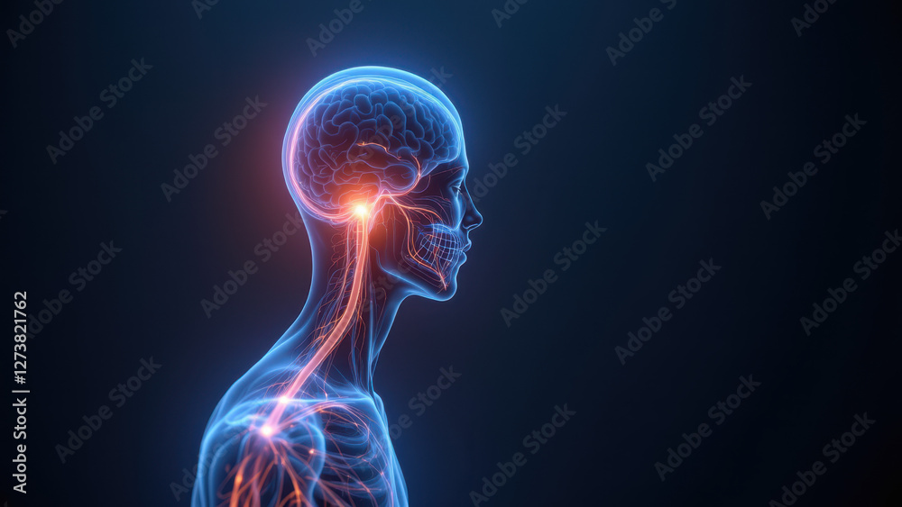 3D rendering of a human head with highlighted VNS implant and neural pathways. 3D rendering of a human head with highlighted VNS implant and neural pathways.
