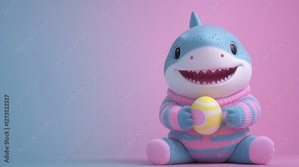 Cute cartoon shark toy holding easter egg in colorful sweater on gradient background. Easter, Pascha, Paskha, Ostern, Pascua, Paques - Orthodox and Catholic Holiday celebration Cute cartoon shark toy holding easter egg in colorful sweater on gradient background. Easter, Pascha, Paskha, Ostern, Pascua, Paques - Orthodox and Catholic Holiday celebration