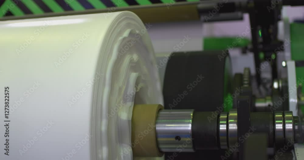 Shaft rotation. Fragments of a machine for the production of plastic bags. Factory for the production of plastic bags. Shaft rotation. Fragments of a machine for the production of plastic bags. Factory for the production of plastic bags.