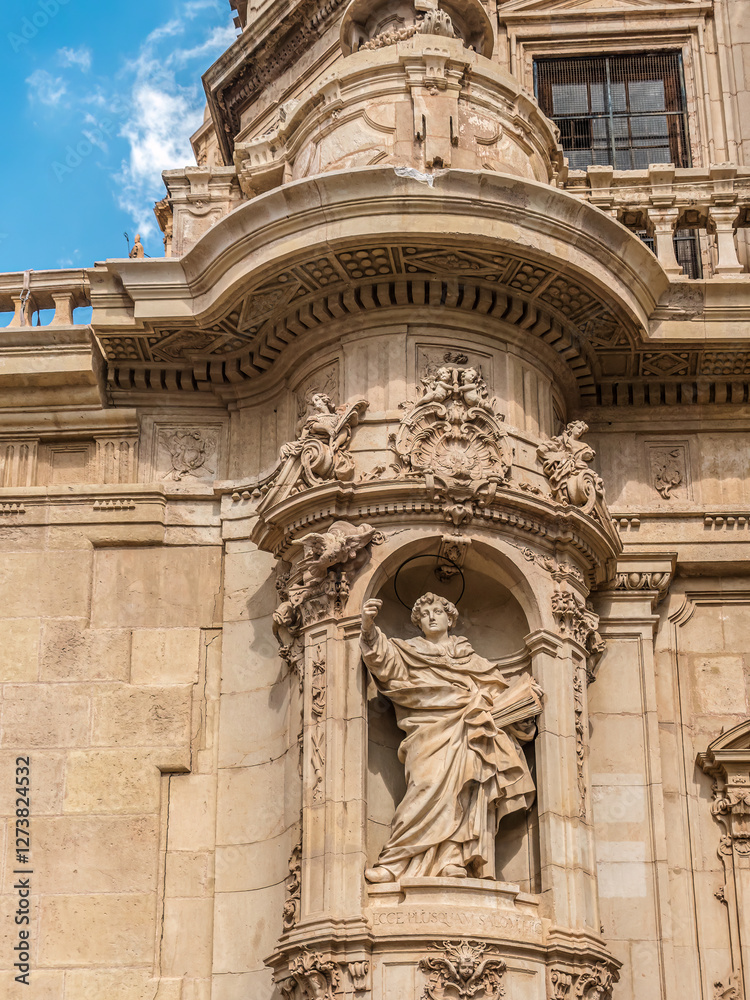 Ornate Sculptural Facade of Historic Cathedral of Murcia, Spain