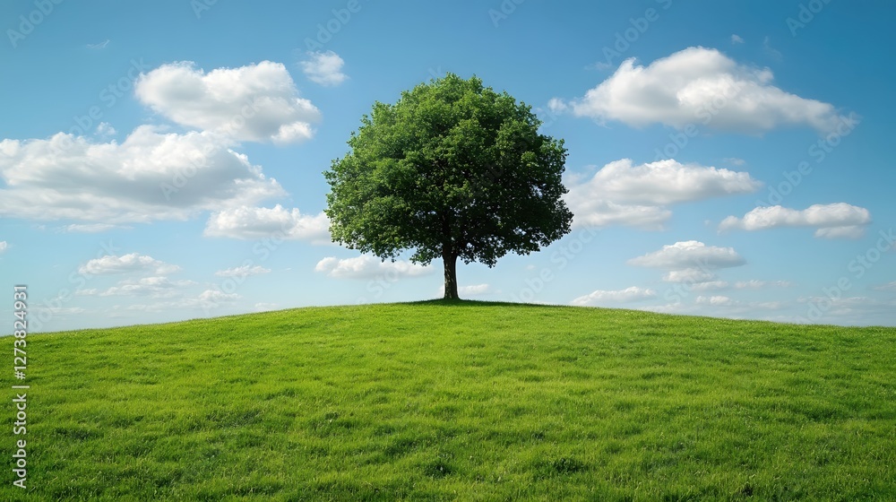 Serene green tree on grassy hill under a bright blue sky with fluffy white clouds scenic view Serene green tree on grassy hill under a bright blue sky with fluffy white clouds scenic view