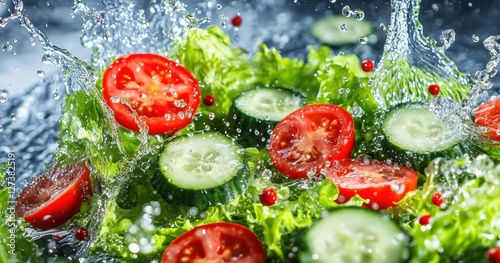 De l'eau éclaboussant une salade fraîche avec des tranches de concombre et de tomate en gros plan.