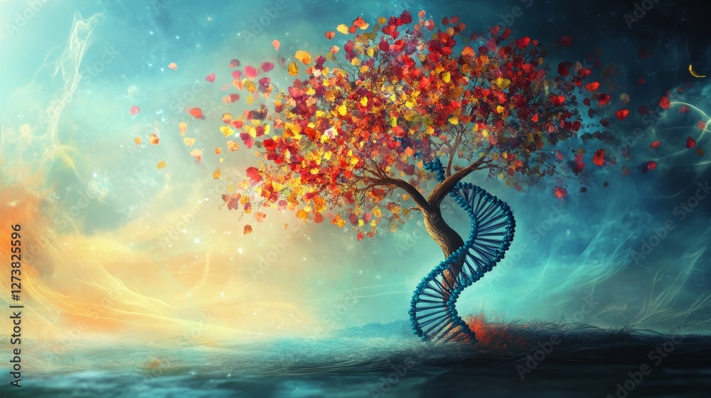 Fototapeta premium DNA tree growing bright leaves in landscape.