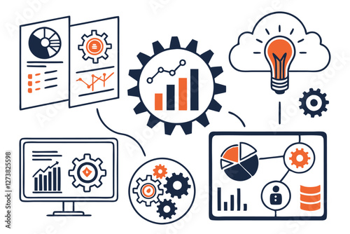  Business intelligence icons, data science symbols, analytics graphics, navy blue and orange color scheme, minimalist design, tech infographic elements, machine learning pictograms, dashboard illust