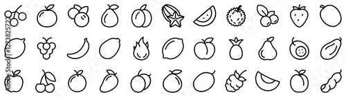 Fruits icons. Set of black linear icons of fruits and berries. Fruits and berries symbols. Vector illustration