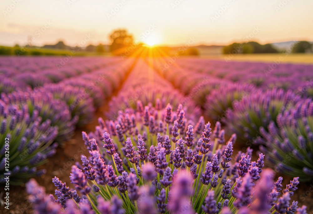 Obraz premium Blooming lavender field at sunset, tranquil rural beauty