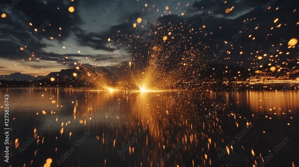 Naklejka premium Sparkling Sparks Over Lake at Sunset
