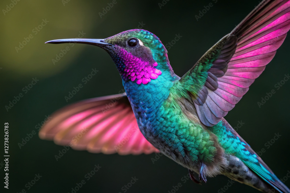 Fototapeta premium vibrant hummingbird with iridescent feathers in flight, showcasing its colorful plumage