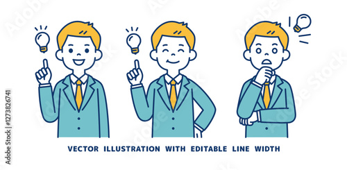閃く・気づく・解決する、若いビジネスマンのベクターイラスト素材セット＿線幅の編集可能