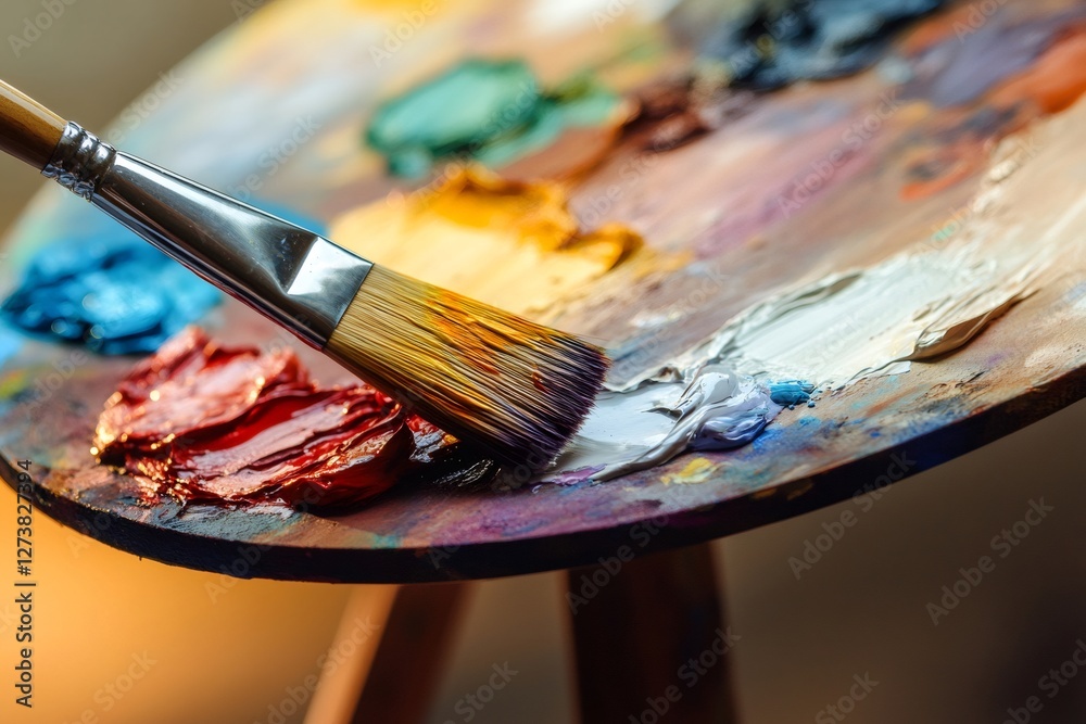 Obraz premium Paintbrush picking up white oil paint from artist's palette