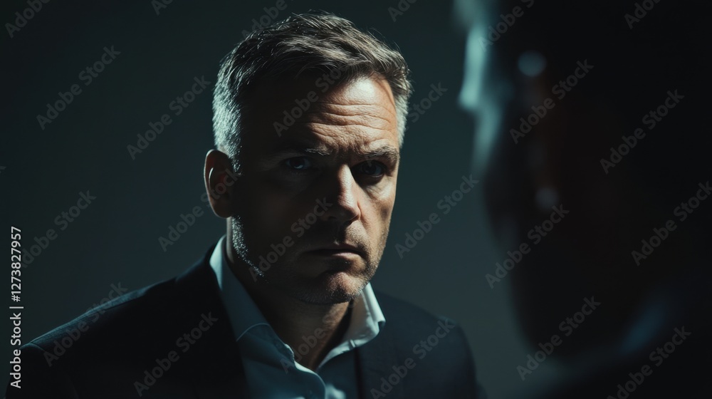 Fototapeta premium Detective questioning a suspect in an interrogation room. Featuring investigation and tension