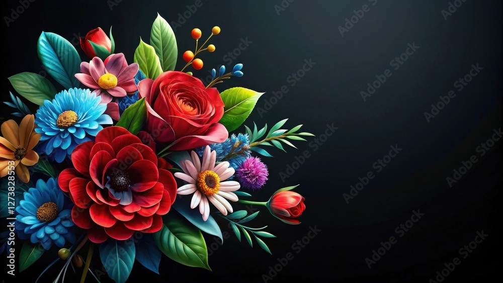 Obraz premium Vibrant Floral Arrangement A Luxurious Bouquet of Red, Blue, and Pink Blossoms Against a Dark Background, Ideal for Elegant Designs and Decorative Purposes