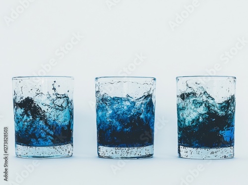 Four shot glasses filled with a glamorous mixed drink known as blue kamikaze