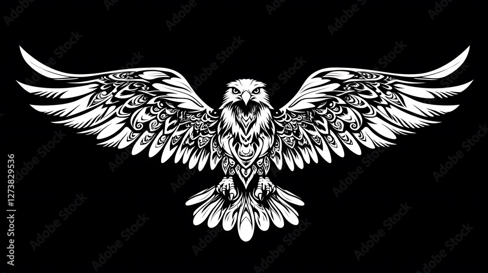 Obraz premium Stylized black and white illustration of an eagle with spread wings
