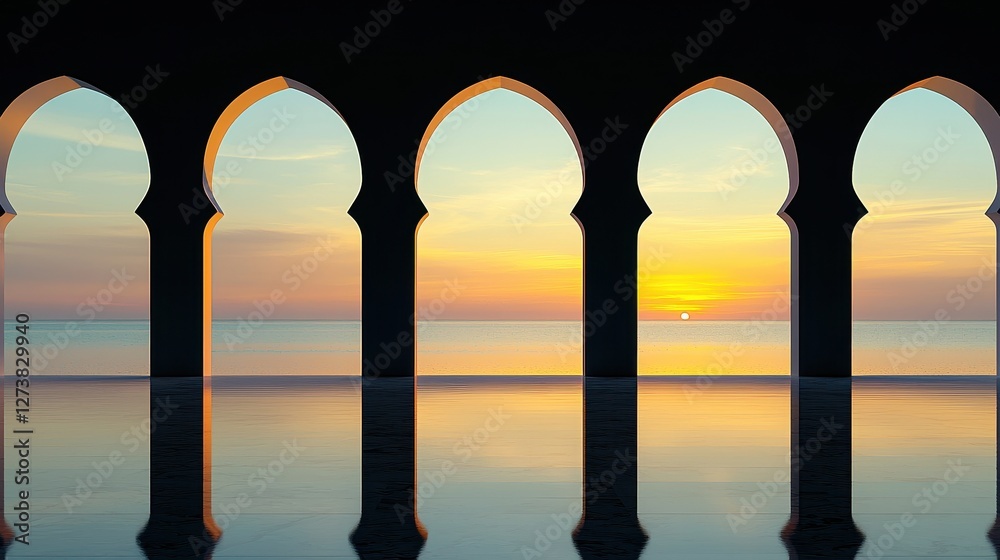 Fototapeta premium Serene Sunset Through Arched Window Frames Over Tranquil Water