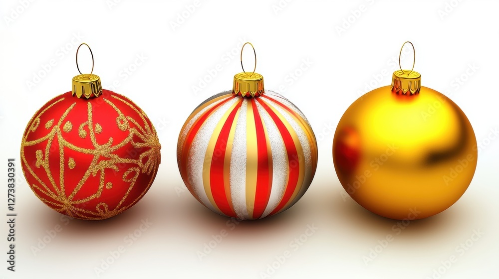 Three Christmas Ornaments with Red Gold and White Colors on a White Background Three Christmas Ornaments with Red Gold and White Colors on a White Background