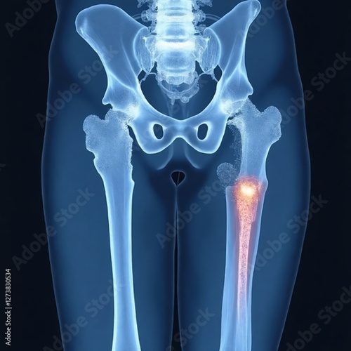 A side-by-side X-ray-style medical illustration comparing a healthy bone structure with an osteoporotic bone. 