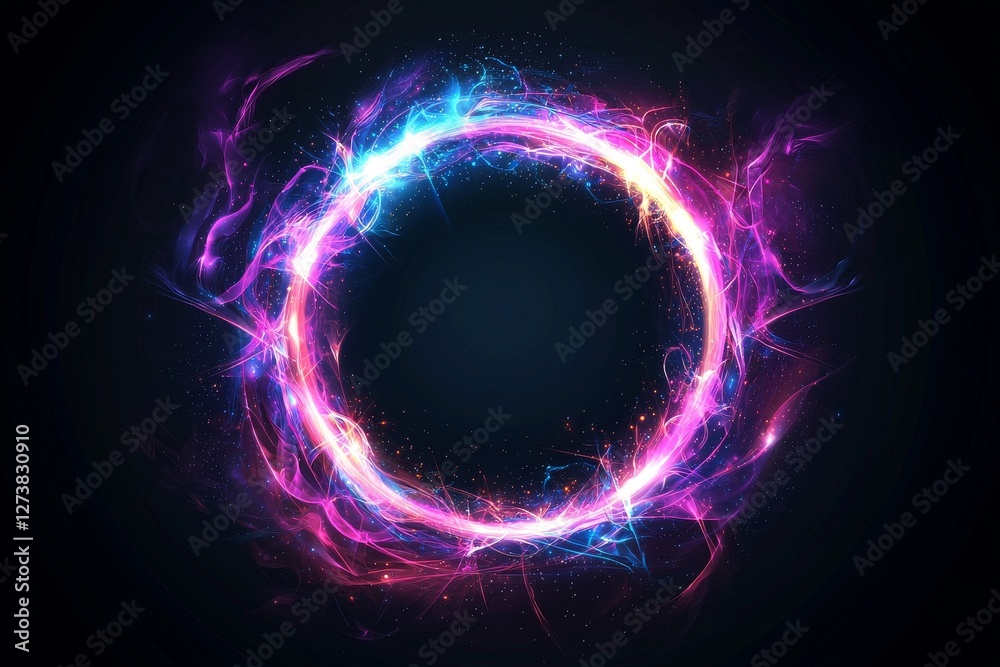 Obraz premium The background is a neon 3D illustration with swirling luminous effects, a spiral cover that glows, and an elegant black appearance, surrounded by a halo and isolated power, with particles that