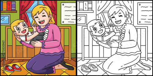 Baptism Mother and Baby Coloring Page Illustration