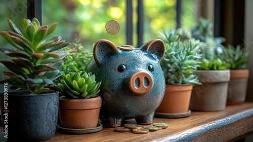A piggy bank beside a savings tracker showing steady growth, with coins scattered on the table, symbolizing financial progress and smart saving habits.